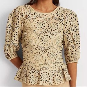Lauren Ralph Lauren Laser Cut Floral White Leather Peplum Top NEW Sz. 10